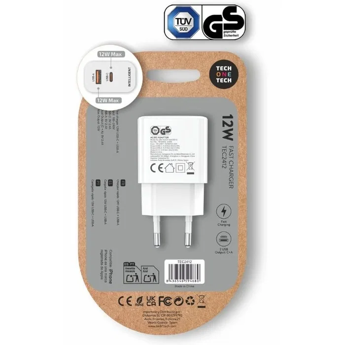 Tech One Tech TEC2412 Cargador de Pared Doble USB-C y USB-A 12W Blanco